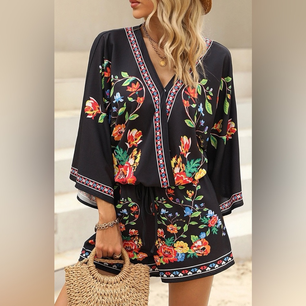 Vibrant Floral Black/Red Top & Short  2 piece set L - Picture 11 of 11